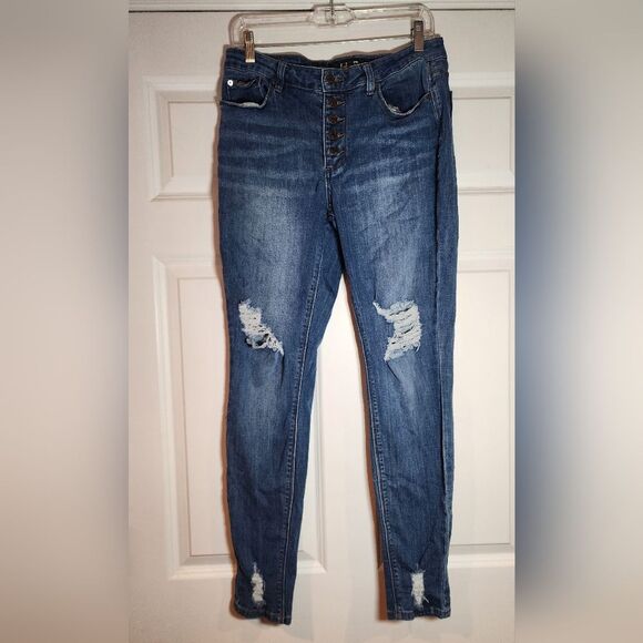 Indigo Rein Stretchy Blue Distressed Button Fly Skinny Jeans Size 13 - Picture 1 of 4